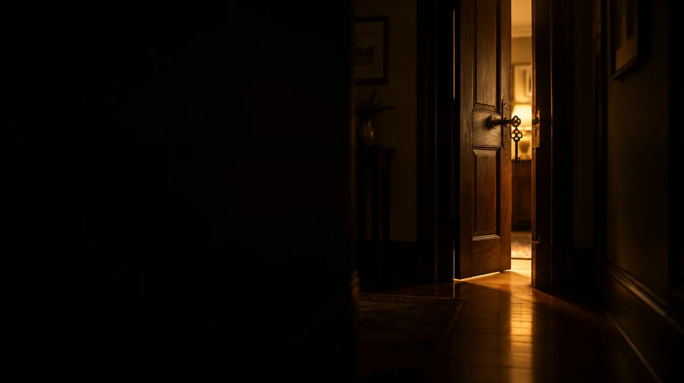 Uma porta de madeira entreaberta, com luz quente do outro lado e uma chave na fechadura